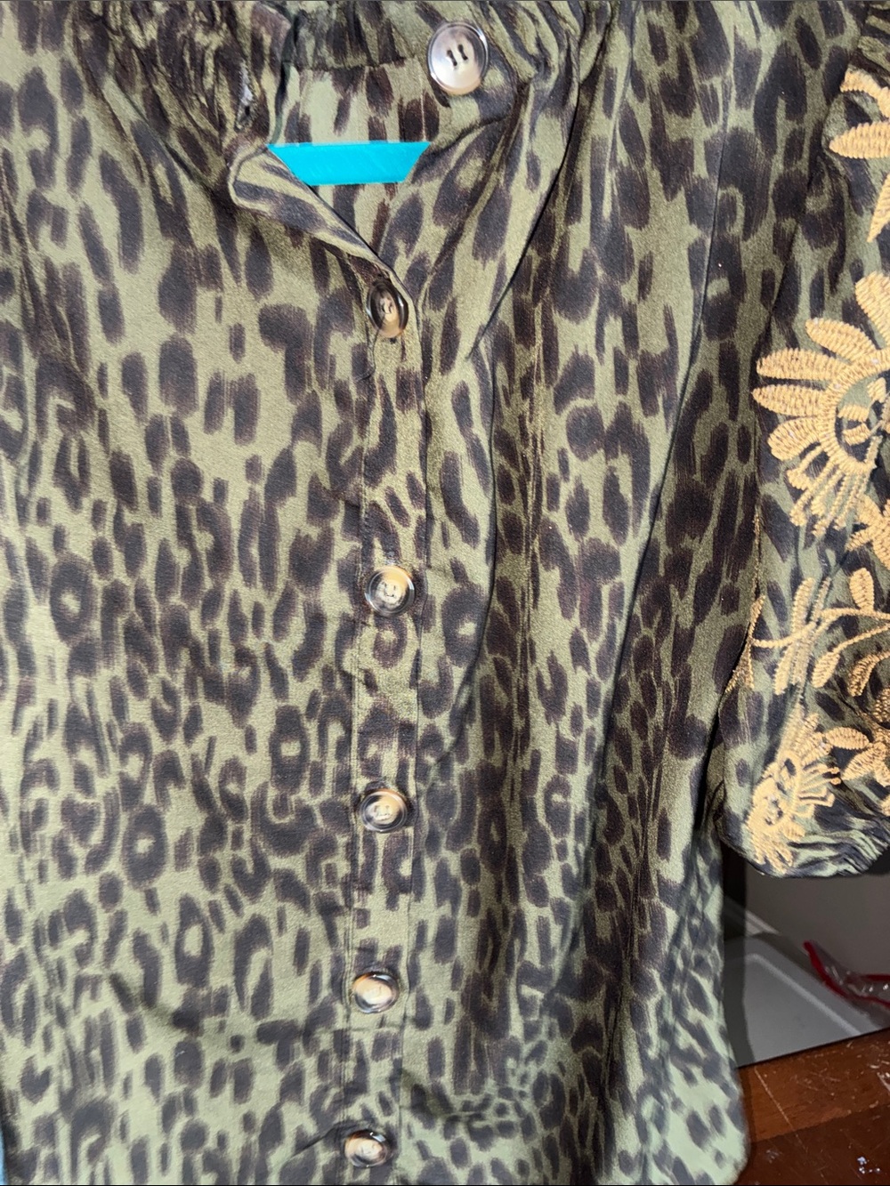 THML Olive Leopard Print Blouse with Gold Floral Embroidered Sleeves - Picture 6 of 6